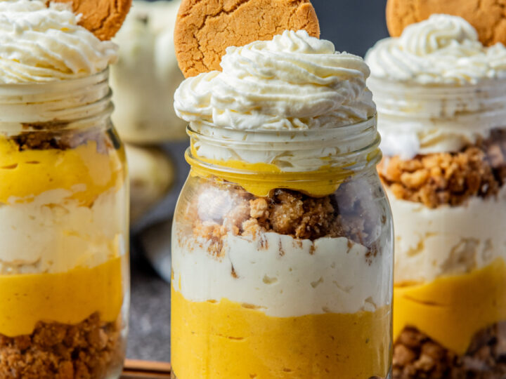 3 pumpkin cheesecakes in a jar