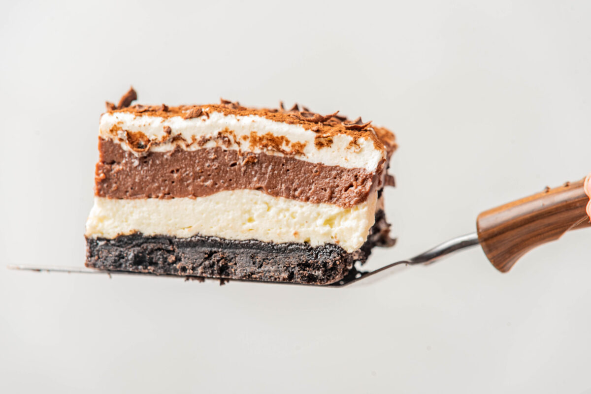 slice of dessert lasagna on a cake server