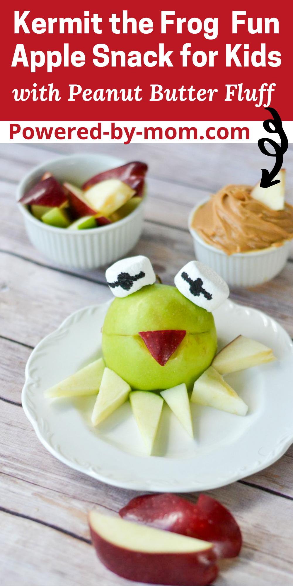 Do you struggle trying to get your kids to eat healthy snacks? Try this fun healthy snack for kids in the shape of the Muppet's Kermit the Frog. It's a fun and tasty treat that's healthy with apples and a peanut butter fluff dip!