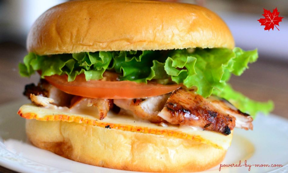 grilled chicken burger with maple mayo drizzle
