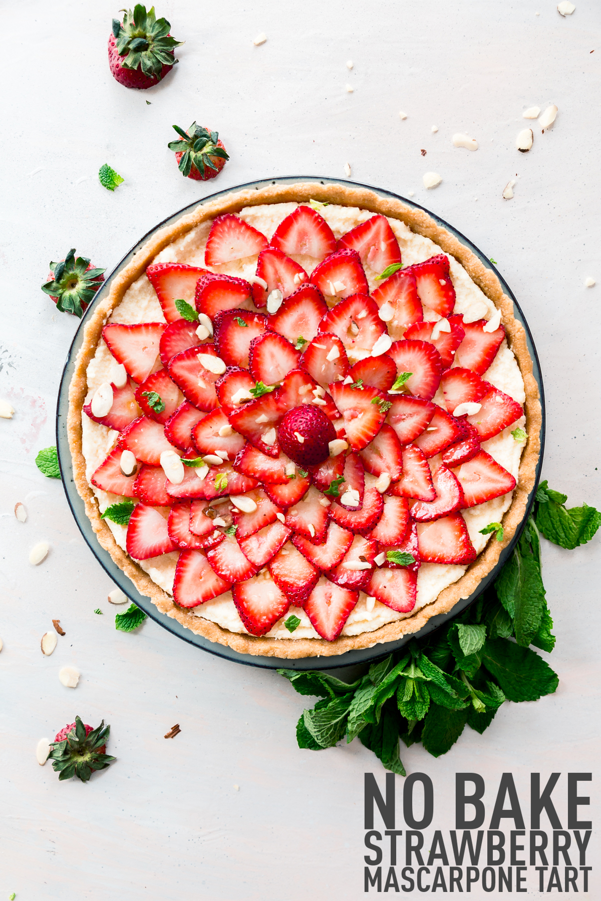No-Bake Strawberry Mascaropone Tart made with fresh fruit and mascarpone cheese. Perfect for mother's day or any occasion.