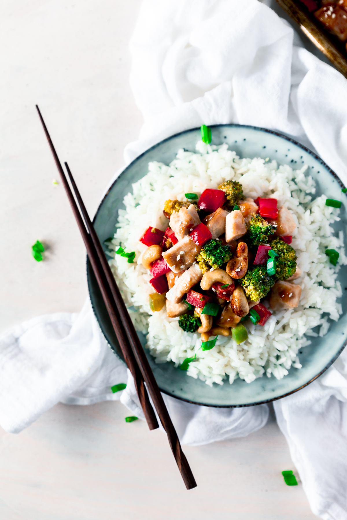 sheet pan dinner cashew nut chicken with vegetables