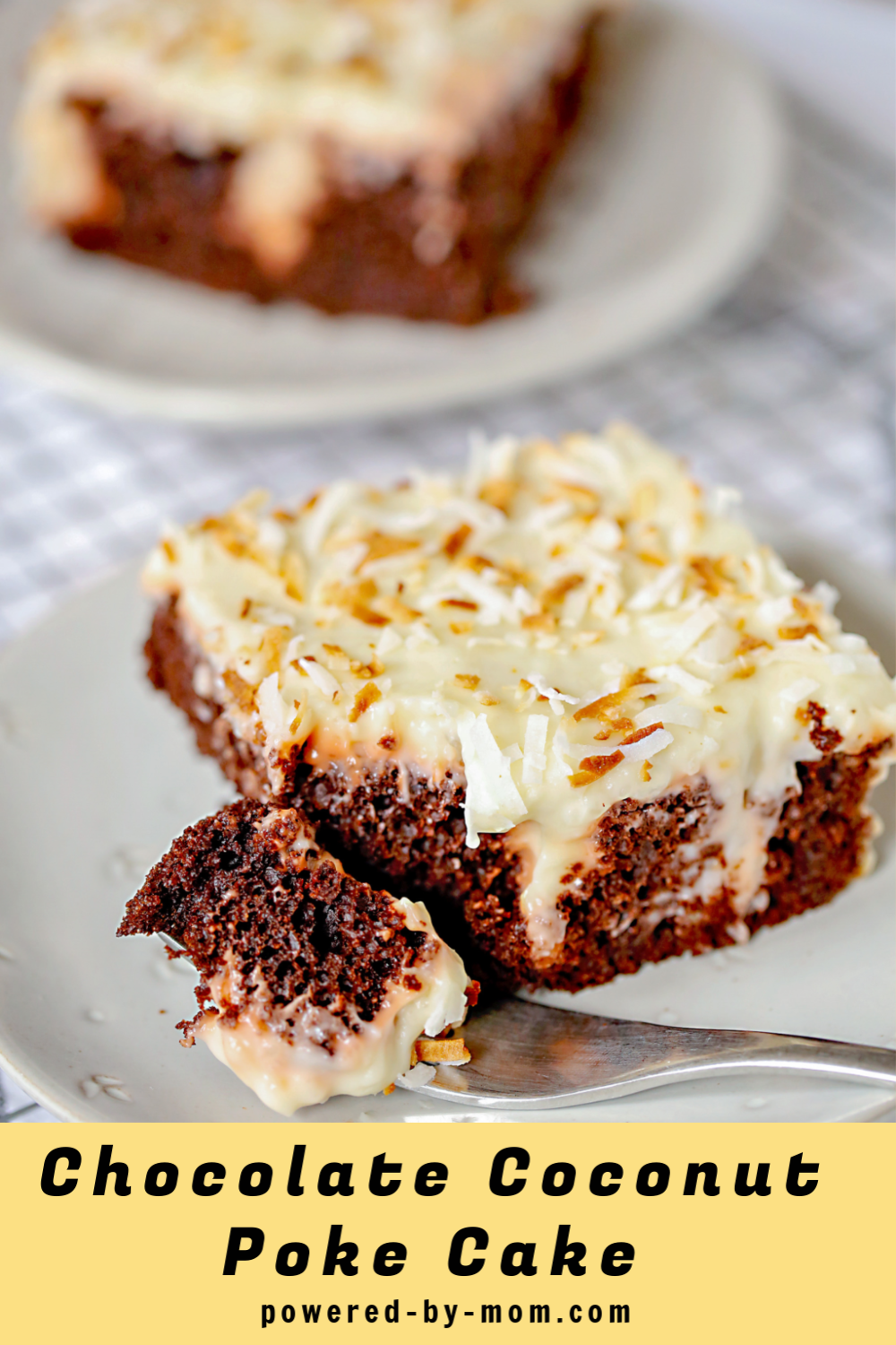 Chocolate Coconut Poke Cake with toasted coconut and homemade coconut pudding