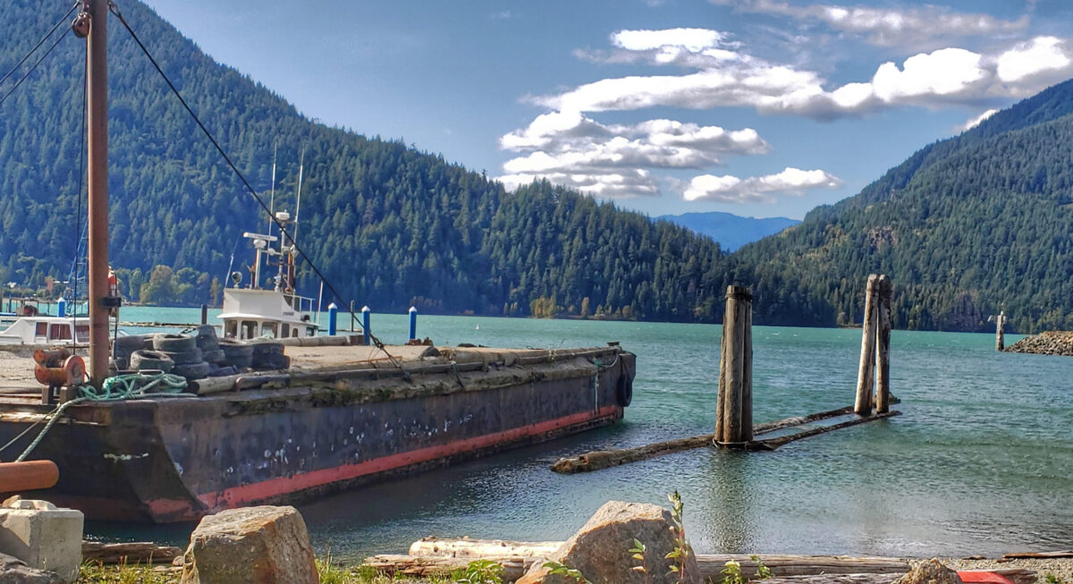 Harrison Lake, British Columbia with abandoned ship
