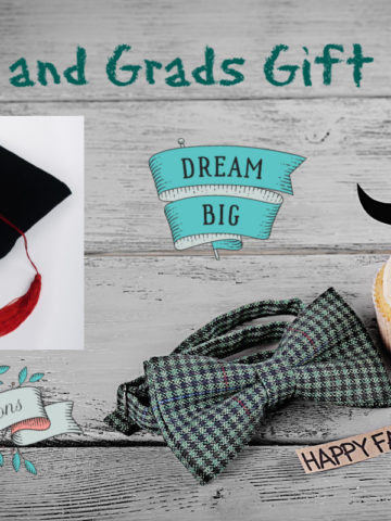 dads and grads gift guide with cap, bow tie, cupcake and congratulations