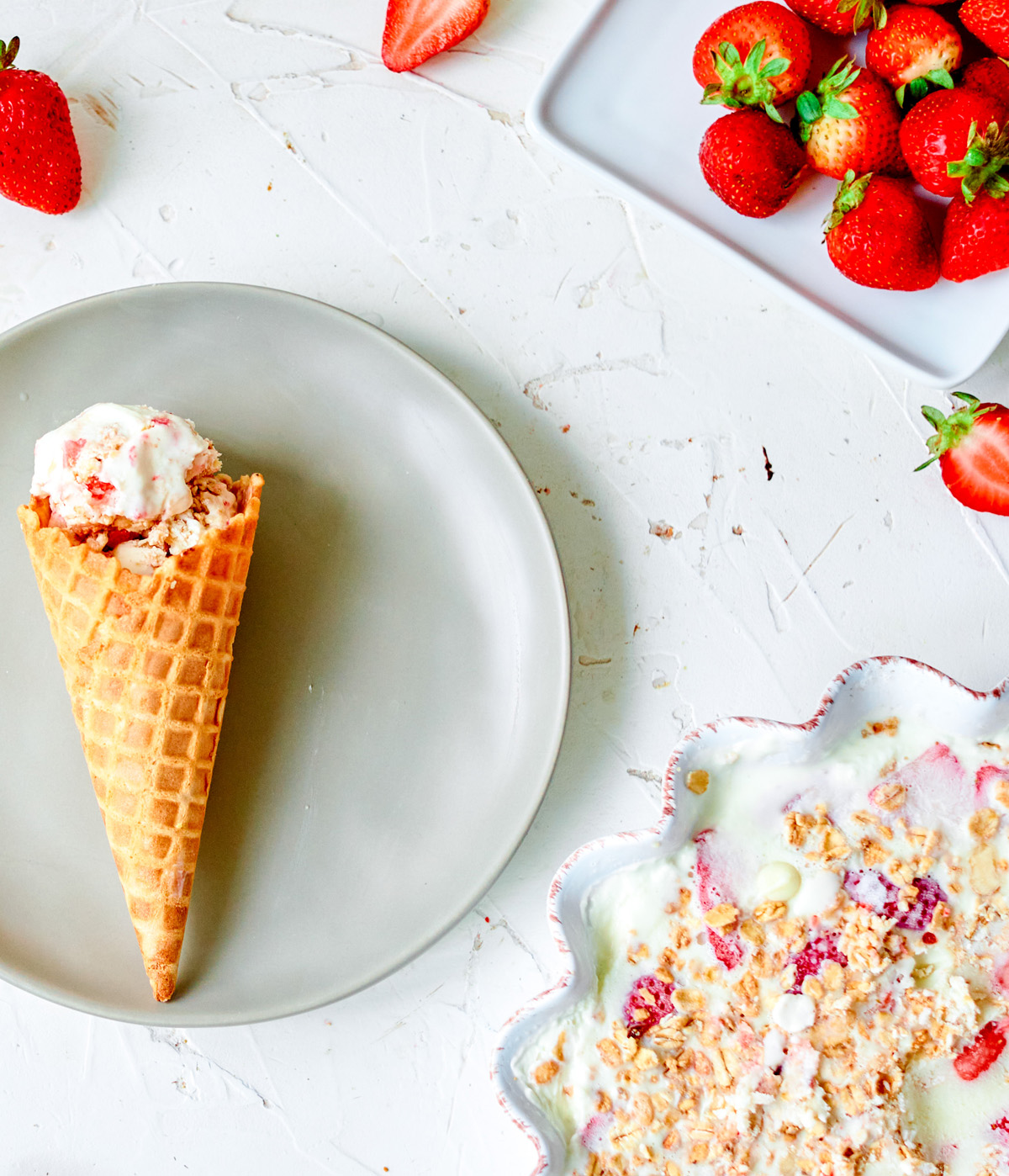 strawberry crumble ice cream cone and bowl