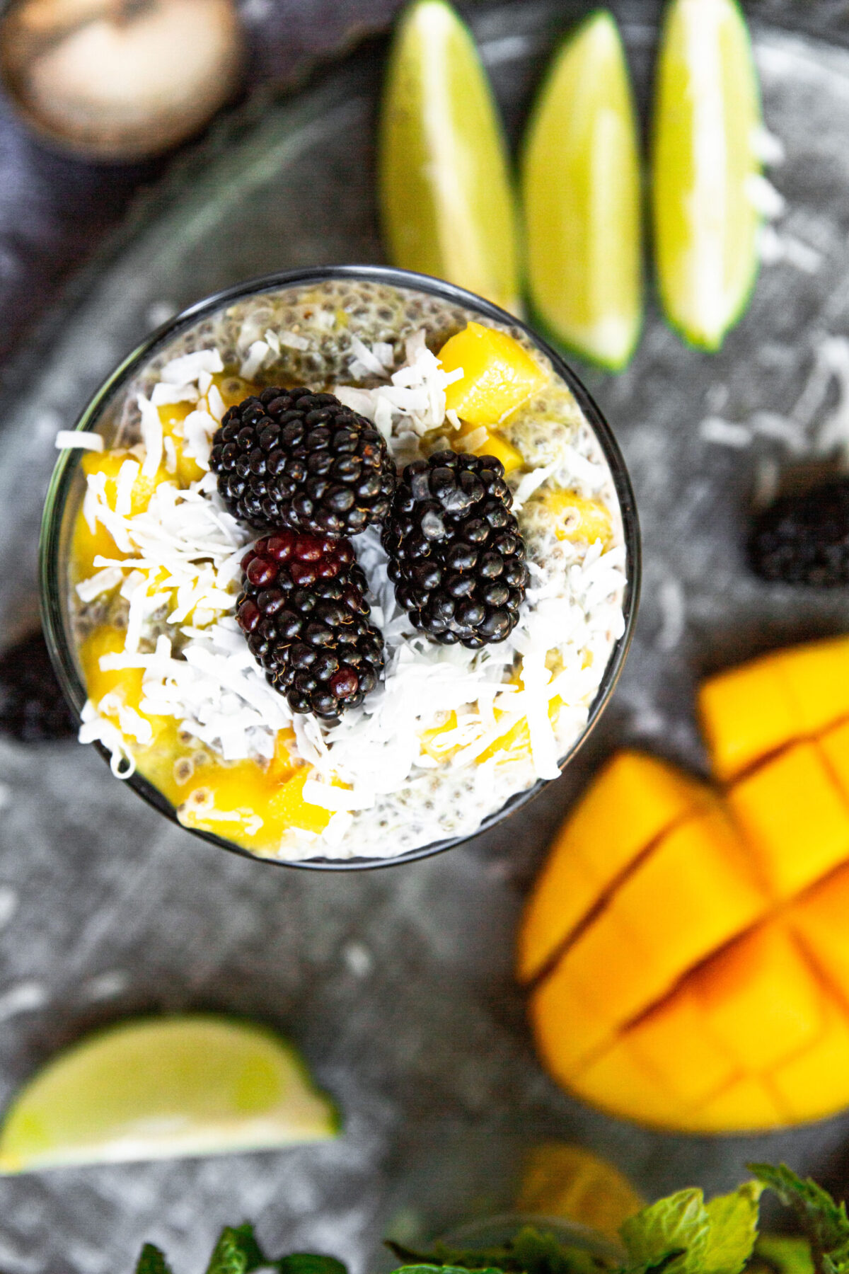 mango chia seed pudding with blackberries