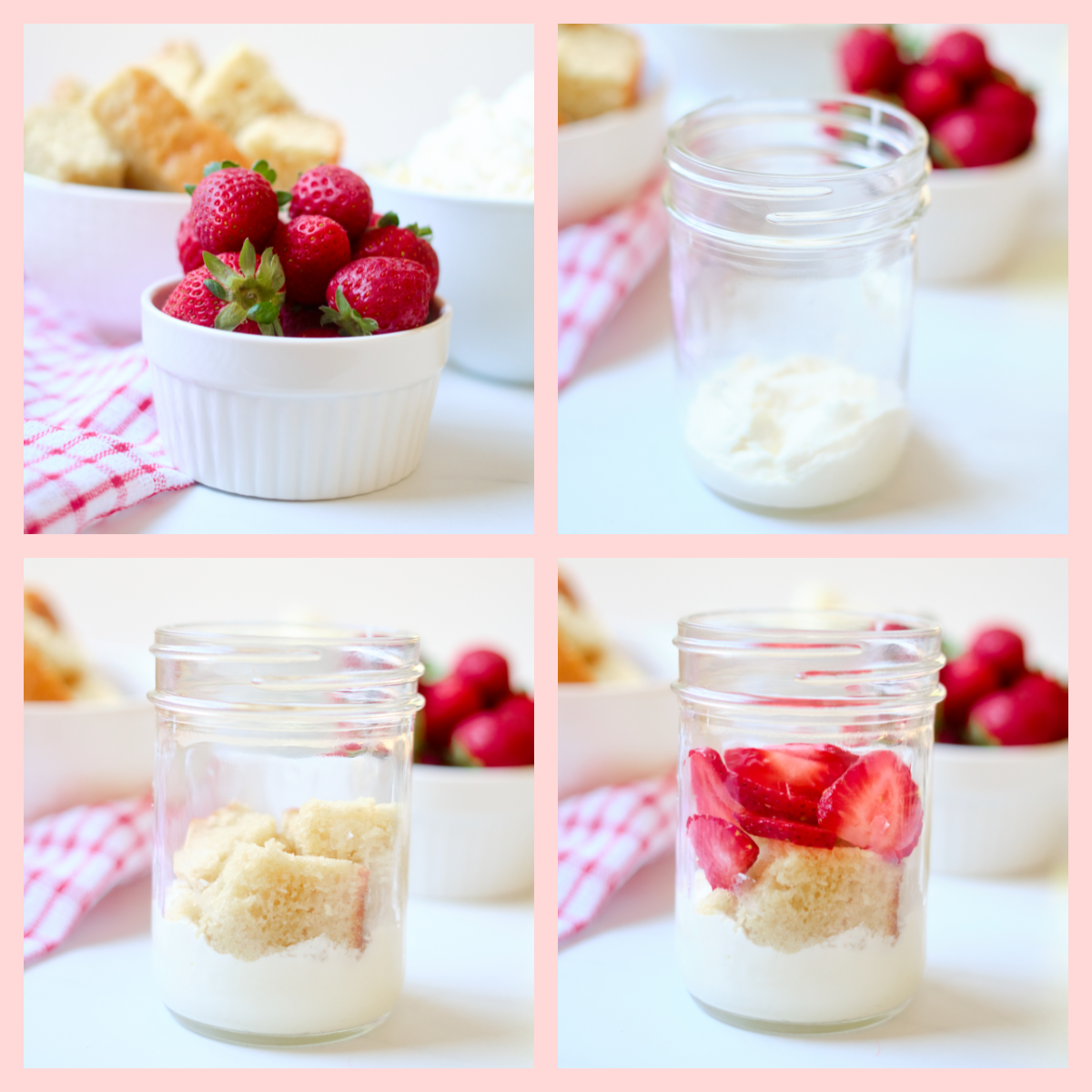 strawberry shortcake in a jar ingredients, mason jar and layering steps