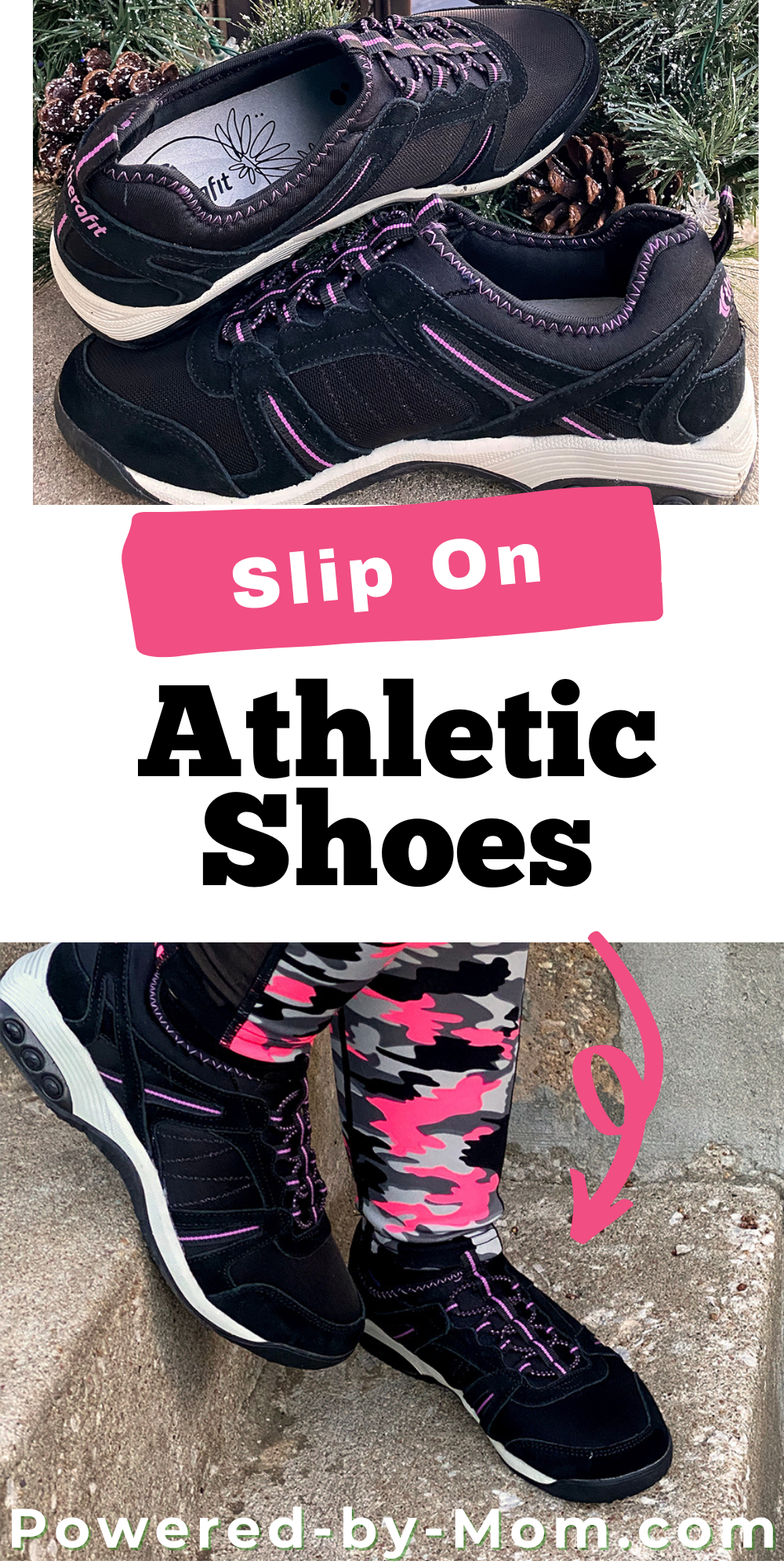 Try Therafit's Dawn slip on athletic shoes. They are quick and easy to put on, and stay on through your whole workout.