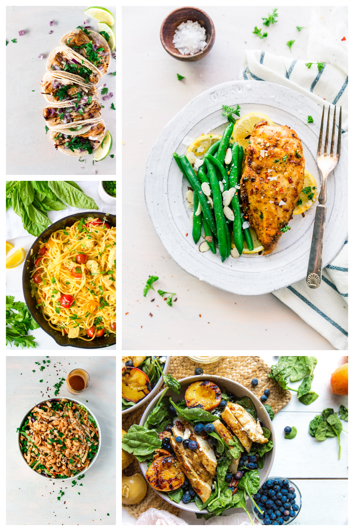 5 favourite chicken recipes lemon chicken, chicken carnitas, chicken scampi, Asian chicken salad and chicken and peaches salad