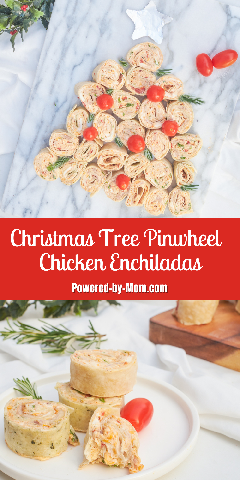 Christmas Tree Pinwheel Appetizer: Tortilla chicken enchilada pinwheels are soft tortilla wraps filled with a delicious and savoury cream cheese filling that are shaped into a Christmas tree. This no-bake appetizer is easy to put together and is perfect for any holiday gathering.