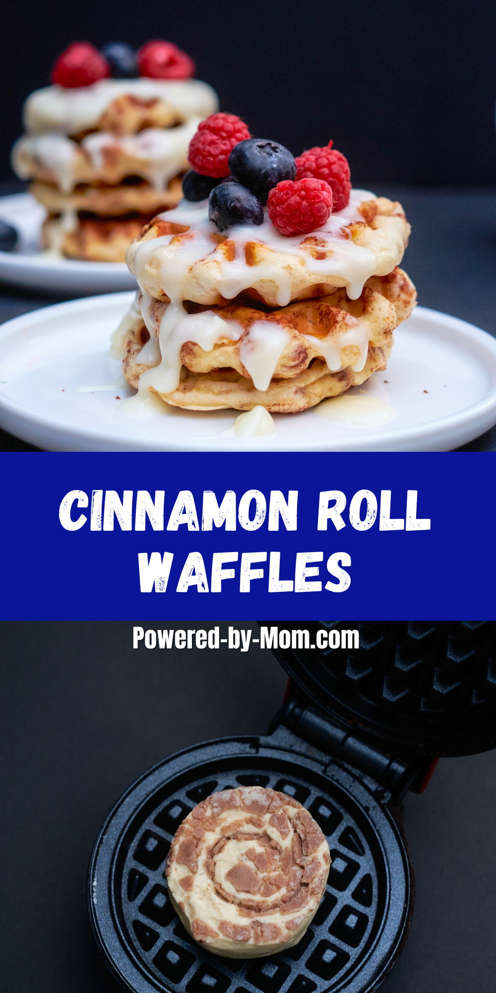 Cinnamon roll waffles topped with a decadent cream cheese icing. A delicious treat that is easy to make and ready in just a few minutes.
