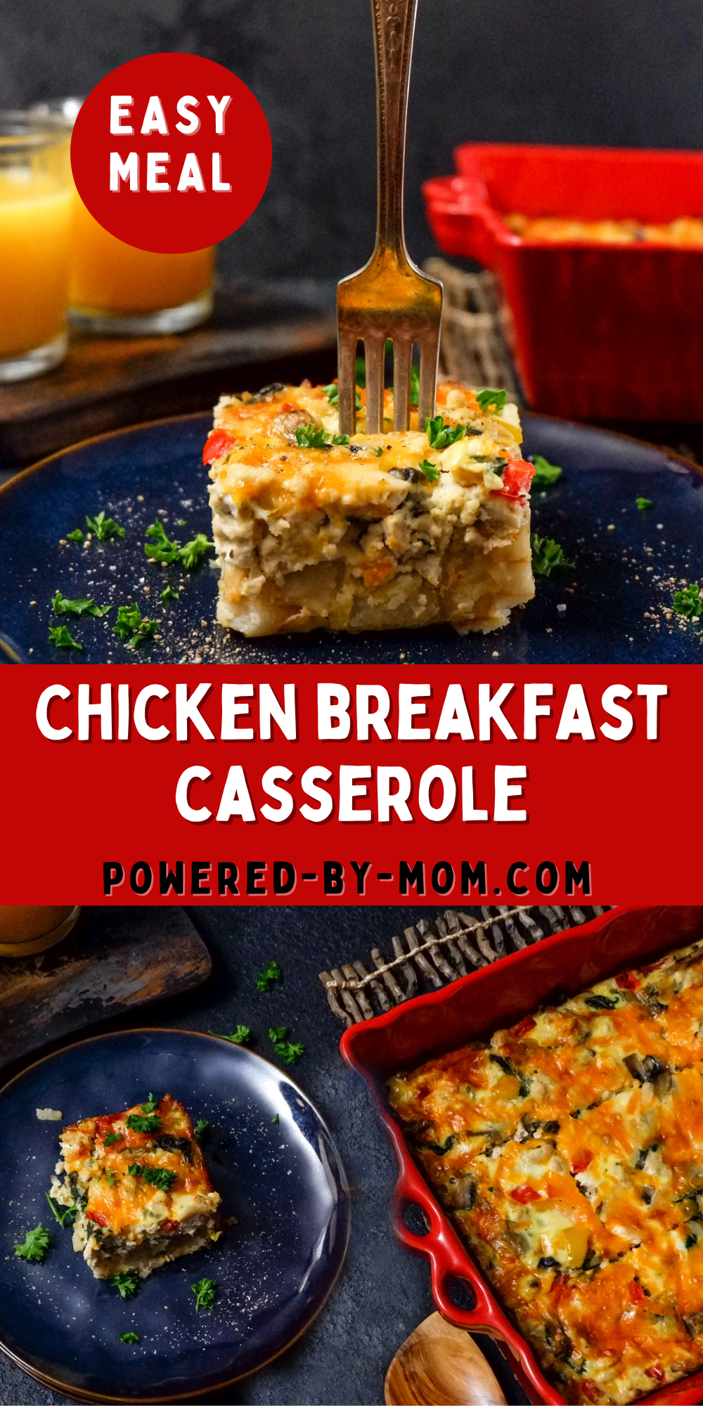 Chicken for breakfast? Heck yes! This easy Chicken Breakfast Casserole is a hearty meal with ground chicken, creamy egg base, diced hashbrowns, bacon, cheese and veggies. It's the perfect breakfast casserole any day. You can prep in no time and just put it in the oven when you're ready to bake it!