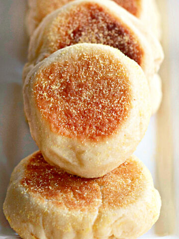 whole English muffins, golden brown on top