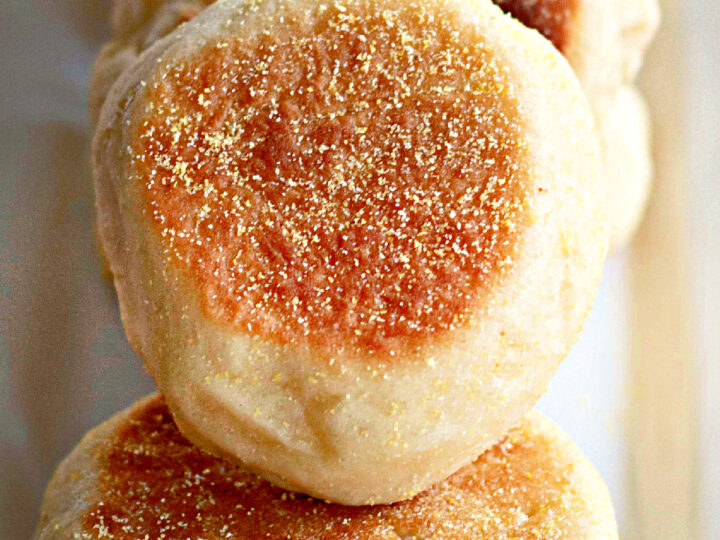 whole English muffins, golden brown on top